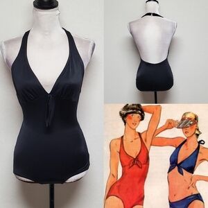 60s Vintage ILGWU Black Plunging Neckline Backless One-piece Halter Swimsuit 12